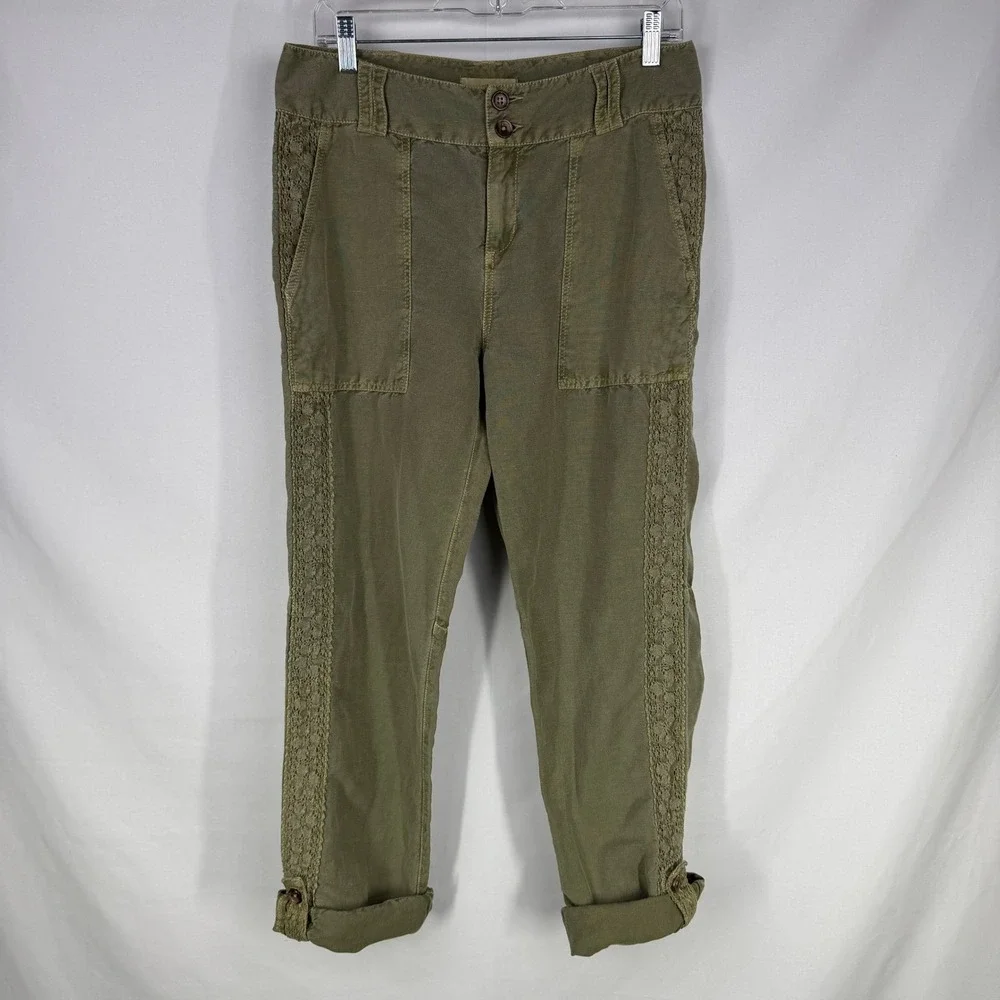 Sundance Linen Blend Boho Lace Trim Pants Size 4 Granola Coastal Grandmother